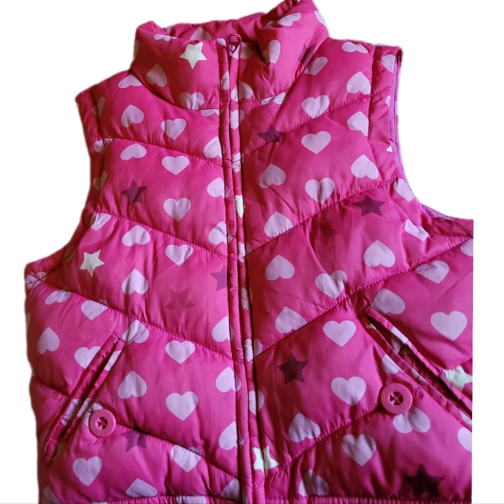 GAP Kids Pink and White Hearts Puffer Vest Coat, Chevron Stitch, Size 8,
